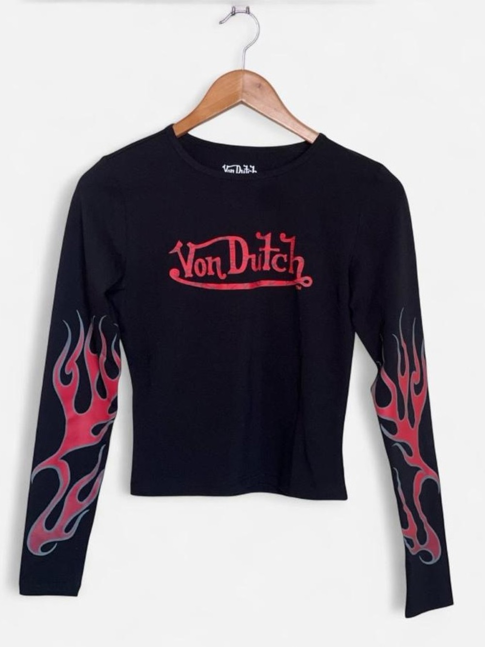 Von Dutch Women’s L Black Red Flame Fitted Crop Baby Tee Y2K NWT